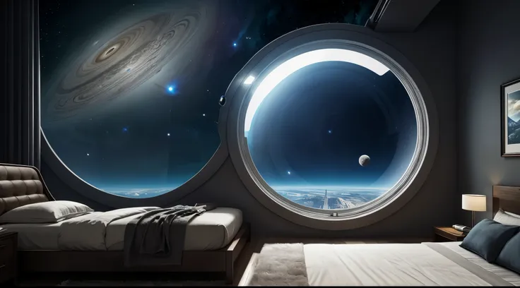 spaceship bedroom, futuristic design, large circular window, planet atmosphere view, cosmic scenery, celestial background, ambient lighting, advanced technology, bed, sci-fi elements, space exploration, detailed textures, outer space ambiance