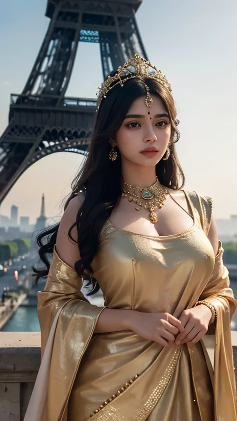 An Indian masterpiece unfolds before our eyes as a 32k resolution image showcases a girl with a bindi on her head and a remarkably curvaceous 1.5-meter bust. This artwork, rendered in best quality ultra-detailed 8k UHD immaculate, presents an epic artgerm ...