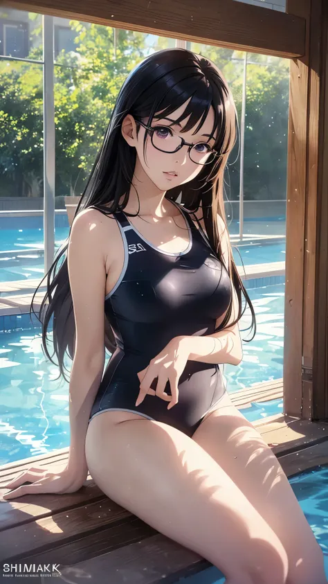 (highest quality,4K,8K,High resolution,table top:1.2), super detailed, (realistic,photorealistic,photo-realistic:1.37),((full body)), Unfortunate,Glasses,((black hair)), ((long hair)),((swimming wear)),beautiful and fine eyes, beautiful detailed lips, high...