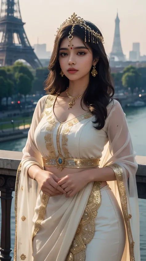 An Indian masterpiece unfolds before our eyes as a 32k resolution image showcases a girl with a bindi on her head and a remarkably curvaceous 1.5-meter bust. This artwork, rendered in best quality ultra-detailed 8k UHD immaculate, presents an epic artgerm ...