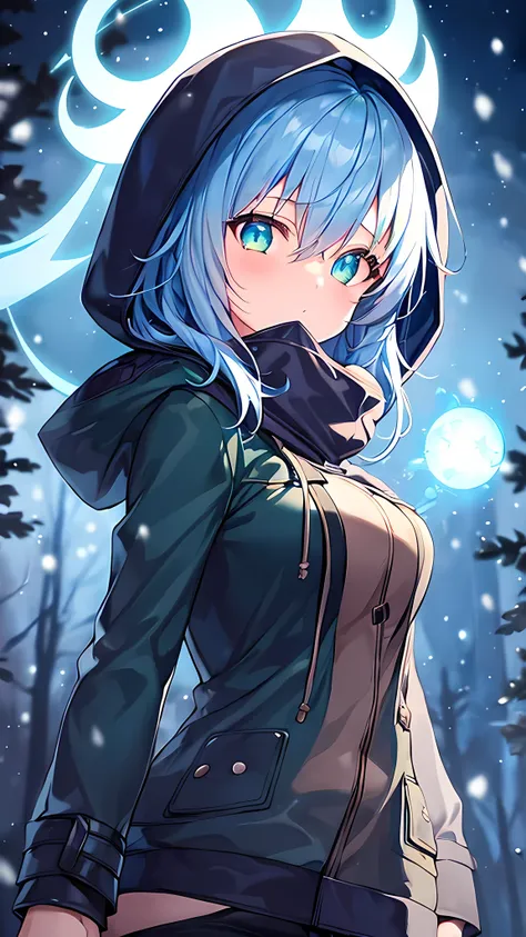 1girl, blue hair, medium hair, large breasts, breasts, green eyes, scarf, covered mouth, jacket, forest, snow, black jacket, hod...