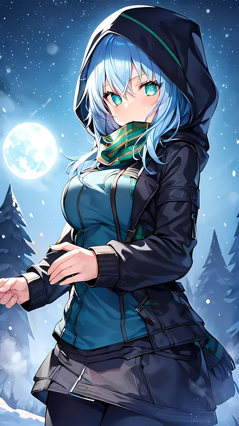 1girl, blue hair, medium hair, large breasts, breasts, green eyes, scarf, covered mouth, jacket, forest, snow, black jacket, hod...