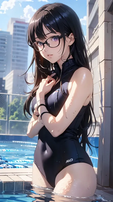 (highest quality,4K,8K,High resolution,table top:1.2), super detailed, (realistic,photorealistic,photo-realistic:1.37),((full body)), Unfortunate,Glasses,((black hair)), ((long hair)),((swimming wear)),beautiful and fine eyes, beautiful detailed lips, high...