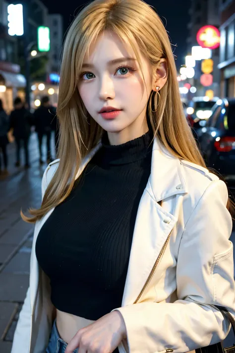 Best Quality)), ((masterpiece)), (detailed), 1 girl, korean, student, long blonde hair, defined nose, beautiful eyes, green eyes, cadena de joyería slim, I said from the heart, blond hair, Ear piercings, slim, medium breasts, 17 years, beautiful legs, even...