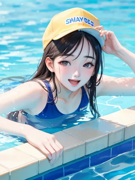 Korean model girl, (18 years old), in the pool, noon, sunny, cap, excited expression, (high view), (masterpiece, best quality, extremely detailed),