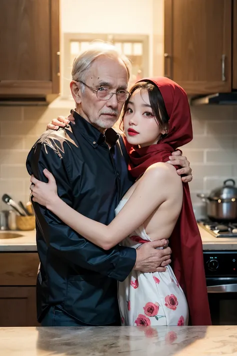 Korean beautiful young girl couple with old man, young girl as wife, Old man as her husband, young girl hug Old man, Young girl wearing Red Hijab flower pattern, young girl red lips, Young girl with old man naked stands in kitchen.