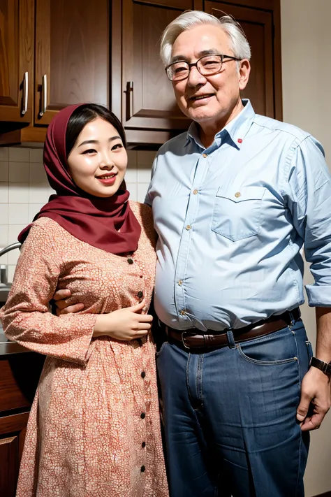 Korean beautiful young girl couple with old man, young girl as wife, Old man as her husband, young girl hug Old man, Young girl wearing Red Hijab flower pattern, young girl red lips, Young girl with old man naked stands in kitchen.