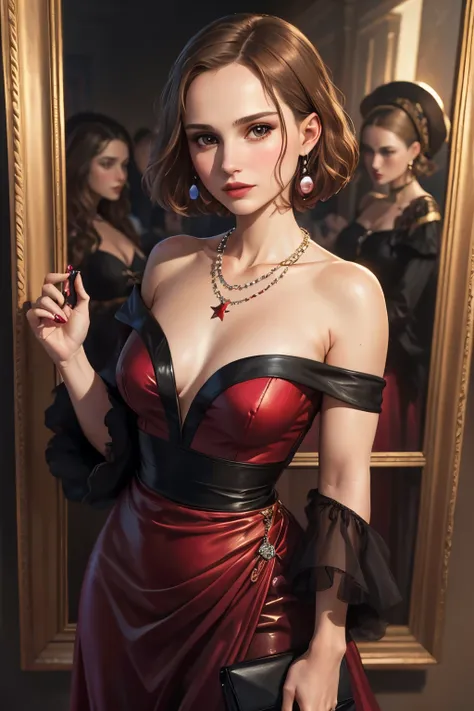 Natalie Portman, oil painting, renaissance, Leonardo da Vinci, Model, modern style, Modern clothes, pop star, chill, red pearl necklace with short hair, earrings, modern makeup, Red lipstick, Starlight Night, dress with black stars, ring, certain touches  