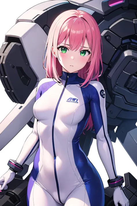 1girl,Samus aran,solo,green eyes, pink hair,white zero suit,white body suit,purple stripes,cowboy shot,blush,,Science fiction,ultra-detailed,sharp focus,aesthetic,(best quality), white background