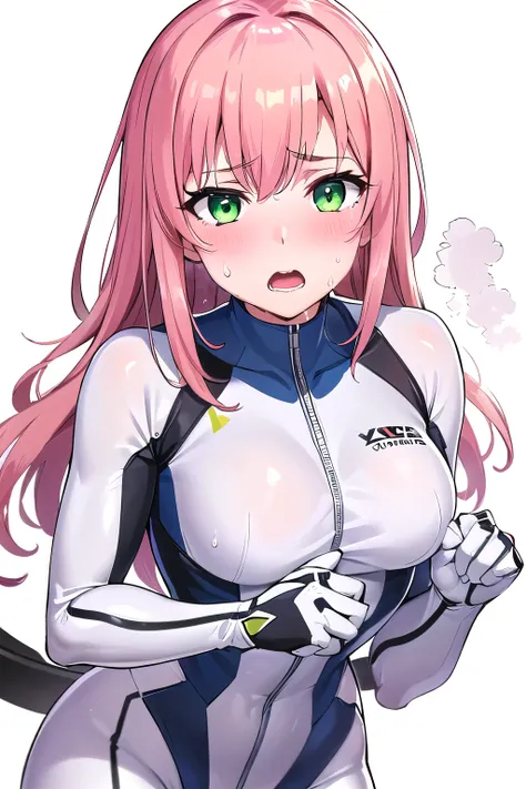 1girl,Samus aran,solo,green eyes, pink hair,white zero suit,white body suit,purple stripes,cowboy shot,blush,,Science fiction,ultra-detailed,sharp focus,aesthetic,(best quality), white background, BRAKE (sweat:1.5), (steam:1.2), (masturbation:1.2), (girl t...