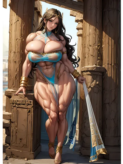 (masterpiece, top quality, best quality, official art, beautiful and aesthetic), (1girl), ((Full Body:1.5)), (slim waist), (wide hips:1.3), wide shoulders, (Long Legs), (massive female bodybuilder:1.9), (gigantic breasts:1.9), long wavy black hair, tanned ...