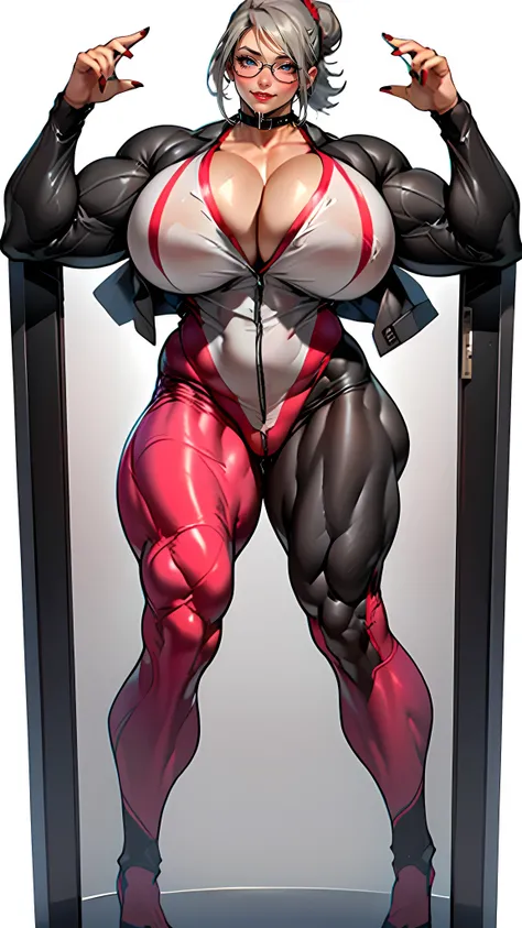 beautiful, masterpiece, best quality, realistic photo of 1girl, (Full Body), shiraki meiko, solo, Wide Hips, Long Legs:1.8, (transparent Erotic Female gray secretary suit:1.8), (Massive Female Bodybuilder:1.8), (Huge breasts:2), choker, cleavage:1.8, glass...