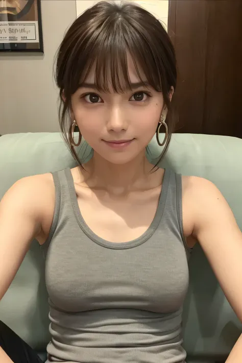 Look into the eyes,　Eye contact,　Front of face,　face,　Cross-legged,　indoor,　Brown Hair,　bangs,　Tank top,　Sweat,　clavicle,　shoulder,　Cross-legged,　chest,　Earrings,　Skin Moisture,　The gaze looking down on me,　Look at me,　Private room,　Beer ,　smile