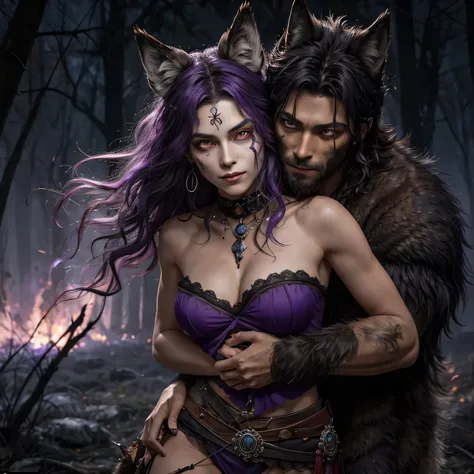 ((purple mist)), an ancient Greek huntress who commands a pack of wolves and ravens, with disheveled wild hair, burning wild eyes and a painted face. She is gently hugged by a werewolf male wolf, his eyes are burning with red fire, the ears of the wolf are...