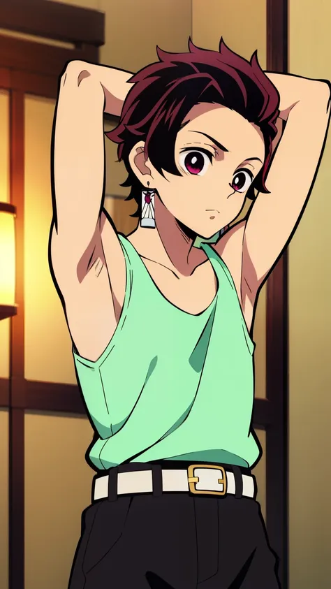 Highres, Masterpiece, Best quality at best,Best Quality,hight quality, hight detailed, Anime style, 1boy, Boy, Shota, Solo person, Tanjiro_kamado, Demon slayer, Earring, Tank top, Belt, Summer, Slim body, Upper body, Blurry beckground, Seen from the front,...