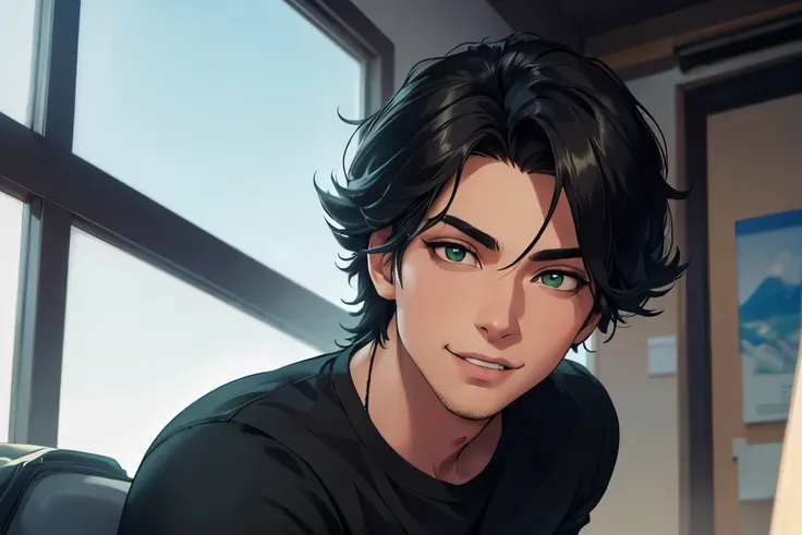 1 handsome young man in his early 20s, green eyes, detailed eyes, olive skin, mid length black hair, playful fanged smile, tall, athletic body, black t shirt, cargo pants, (best quality,8k,highres,masterpiece:1.2),ultra-detailed,(realistic,photorealistic,p...