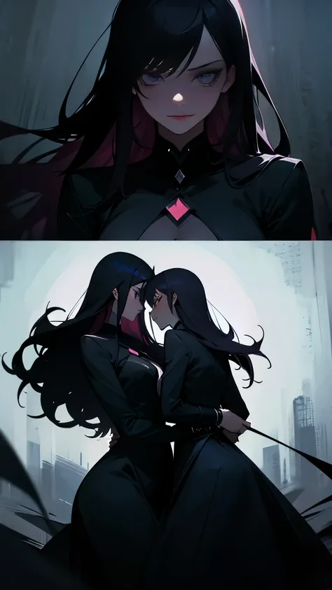 Girl Loves Woman, dark, dynamic pose, Two Girls, Excellent quality, lots of detail, Two girls in a relationship, Dark colors, depth, twilight, Darkness, dark colors, danger 