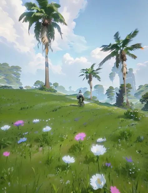 A man riding a bicycle on a grassy hill, Beautiful screenshots, Flower environment, summer Unreal Engine 5, ( ( Unreal Engine ) ), Next to some exotic plants, Unreal Engine ; Romantic Theme, nice environment, Peaceful countryside environment, Hyper-realist...