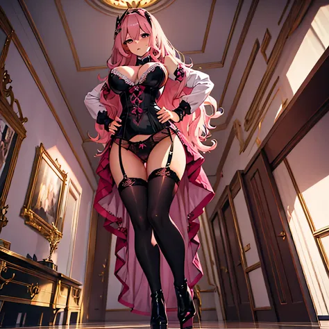 woman with pink medium wavy hair, one hands on hip, wearing sexy lingerie, thigh socks, black short high heel boots, looking down, full body view, floor pov, high detail
