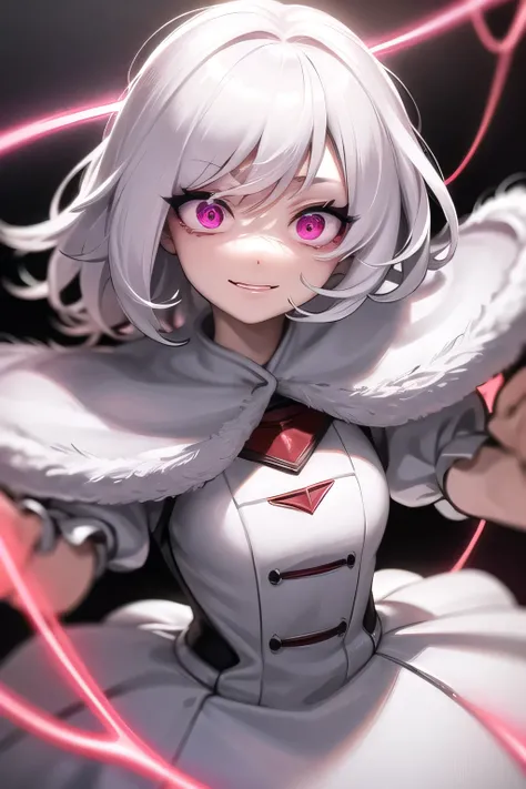 girl, futuristic white and pure look, evil, short white hair, white clothing, scary smile, tangled in red string and glowing, dark atmopshere, music video Thumbnail , EVIL,looking into thr camera