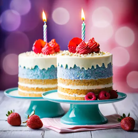 (best qualityer), (2 birthday cakes 🎂), dynamic photo, Pinterest, luscious, mouth watering, nblurry background, promotional still