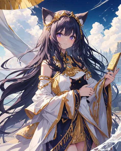 Masterpiece, best quality, ultra detailed, HDR, 8k, anime coloring book. A sphinx-inspired girl with long black hair, neko ears, cat tail, purple eyes, detailed eyes. She is like a god. Made up like an ancient Egyptian.  purple reflexes. She is smiling a b...