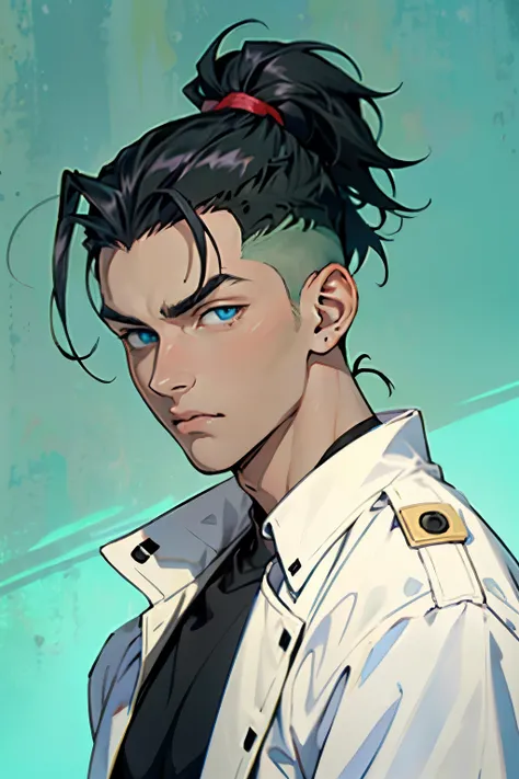 Allion Quincy, man, young, with half-shaved hair on the sides and short hair on the top, The guy with the blue eyes, The guy with the black hair, anime, undercut hairstyle, green background