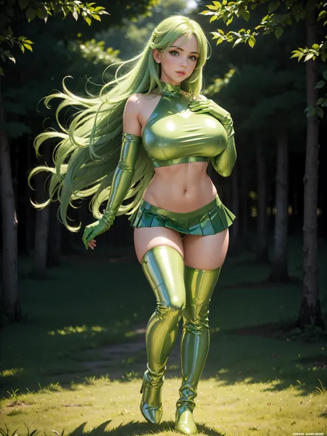 Full body, beautiful green eyes, blush, cute face, high quality, 8k, high resolution, (1 cute woman, solo: 1.1), gigantic breasts, lips, beautiful background, long green hair , shiny green crop top, shiny green skirt, shiny green gloves, shiny green heel b...