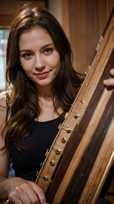 russian woman, brown medium hair, blue eyes, 36 years old, musician, smile, playing The harp, wearing