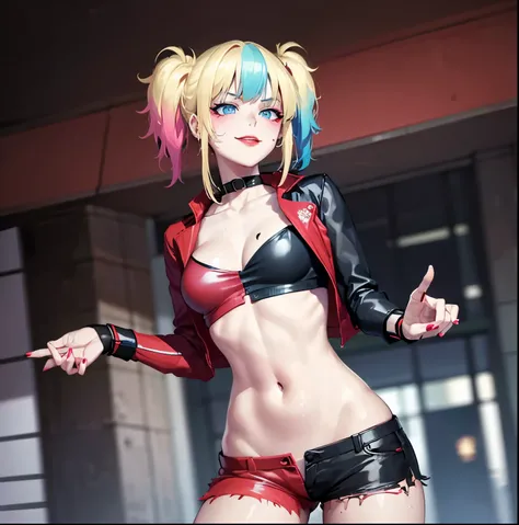 ((1girl)),((alone)),harley quinn,(masterpiece), (best quality), (ultra detailed), (best illustration), (best shadow), (absurdities), sharp focus, cowboy shot , dynamic posture looking at the viewer, medium breasts, narrow waist, wide hips, wide thighs, rou...