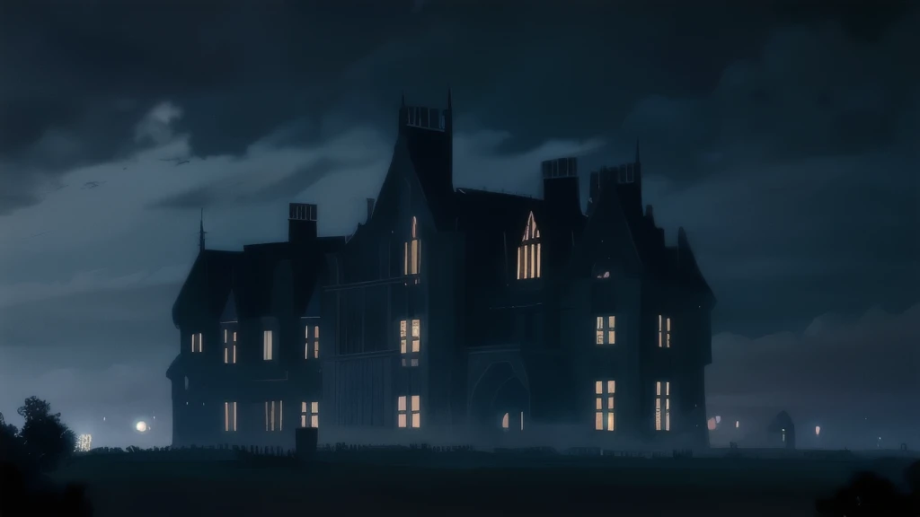 Gothic, old mansion, In the vicinity, there is no light in the windows, dark sky, cloudy, night, fog, night, The sky is overcast