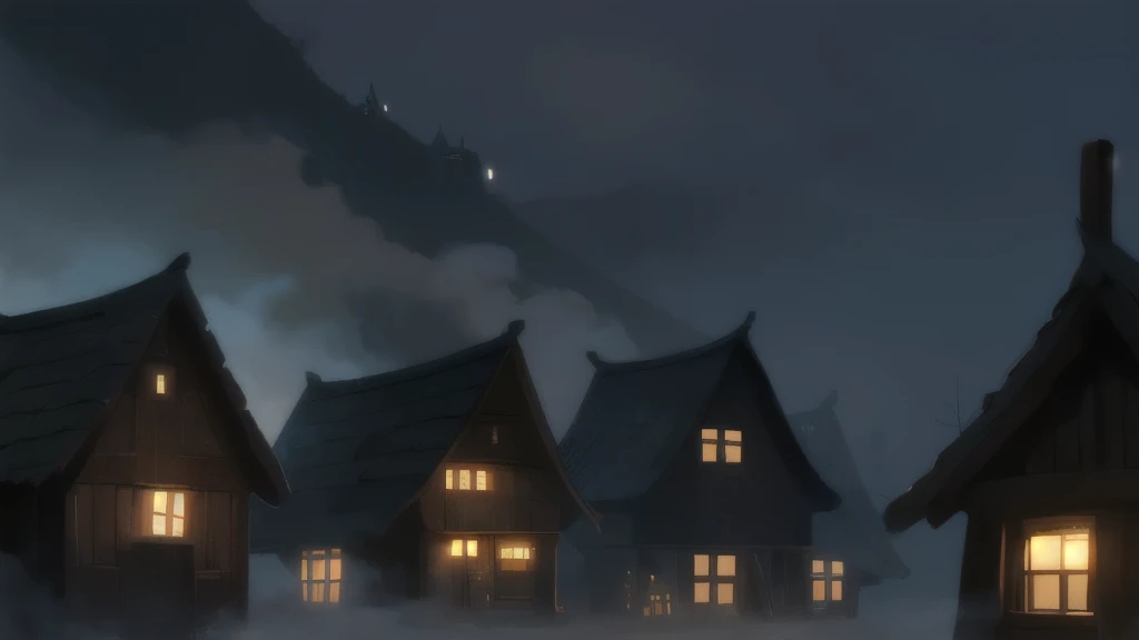 village, night, The sky is overcast, fog, Old wooden houses, creepy village, there is no light in the windows, night