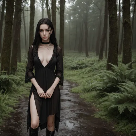 19 year old woman, alone, long black messy hair, very pale skin, shy expression, very detailed face, European features, green eyes, wearing a long black see thru dress, a nipple ring, black choker around her neck,  black combat boots, standing in a forest ...