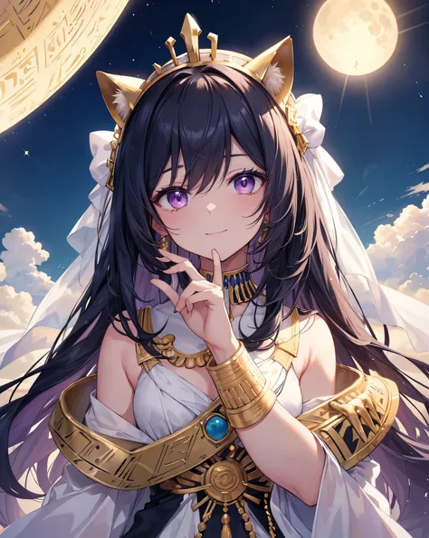 Masterpiece, best quality, ultra detailed, HDR, 8k, anime digital art. Am Egyptian god inspired girl with long black hair, neko ears, cat tail, purple eyes, detailed eyes. She is like a god. Made up like an ancient Egyptian.  purple reflexes. She is smilin...