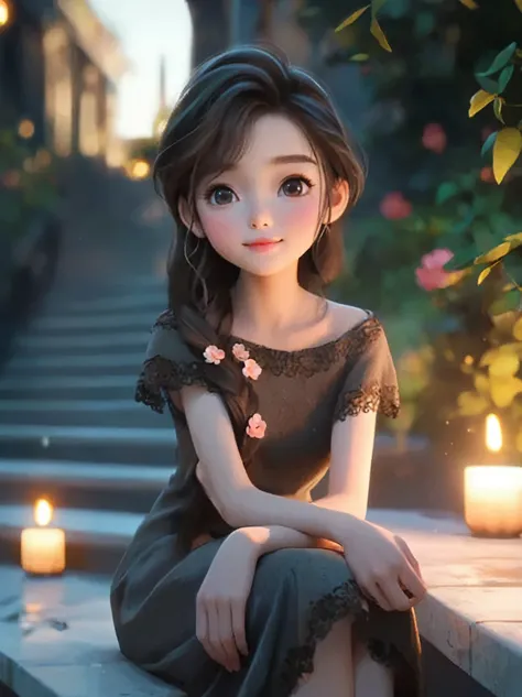 close-up of a girl sitting on a bench and holding a camera, lovely and detailed digital art, cute numbers艺术, artwork in the styl...