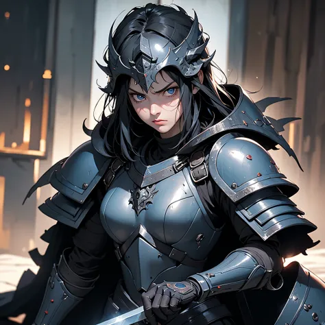 1girl, black short hair, blue eyes, wearing black berserk armor berserk helmet, kneel, supporting his body with a sword, angry face, 8K, Hi-Res, UltraSharp