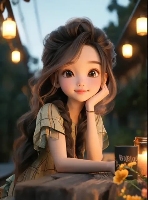 A long-haired girl sitting on a bench,Holding a cup in hand, charming细致的数字艺术, charming的数字艺术, charming卡通 character, charming的肖像, charming卡通, charming的角色, Soft portrait shots 8 k, charming的数字, charming的 3d 渲染, charming, charming的动漫女孩, charming美丽, Beautiful s...