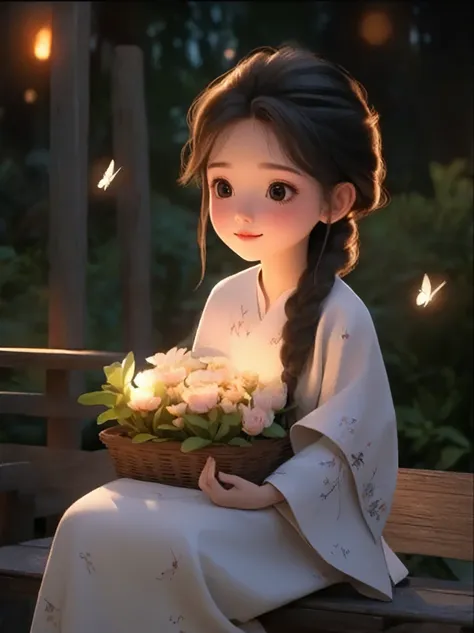 close-up：a person sitting on a bench，holding a basket of flowers, surrounded by frozen flowers, palace ， girl wearing hanfu, art...