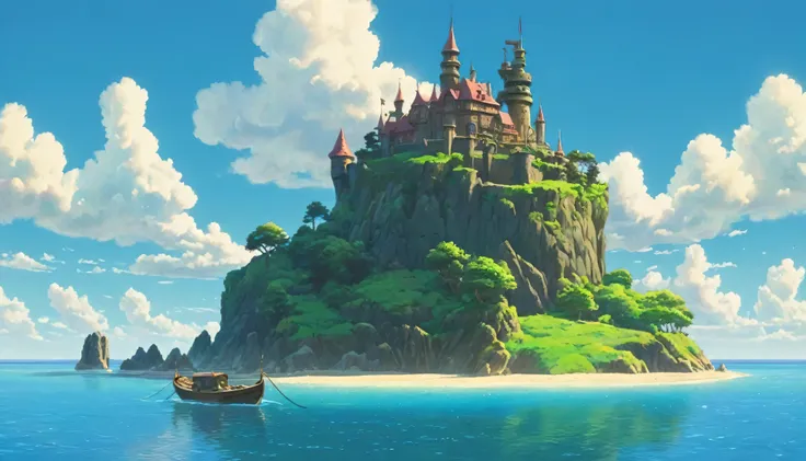 Animation scene with castle on small island and boat floating on water, Studio Ghibli composition, Studio Ghibli scheme, cinematic Studio Ghibli still, Studio Ghibli environment, style of Studio Ghibli, Studio Ghibli landscape, Studio Ghibli smooth concept...