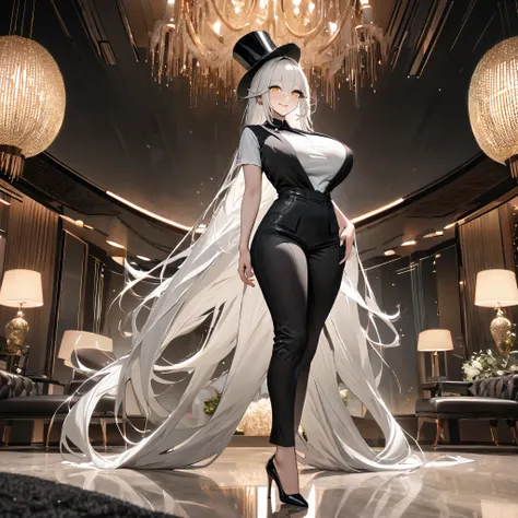 a woman wearing a black suit, white t-shirt, women's black pants, wearing a black top hat, big breasts, tie, white hair, long ha...