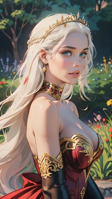 fantasy, princess Targaryen, full-length, garden, girl, with white hair, face looks like Daenerys|Natalie Portman, in a red and black dress embroidered with gold threads of rubies and diamonds with her eyes open, hd