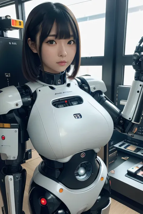 masterpiece, best quality, extremely detailed, Japaese android girl,portrait,Plump,chubby,fat,control panels,android,Droid,Mechanical Hand, Robot arms and legs, Black hair,Blunt bangs,perfect robot girl,long tube,thick cable connected her neck,android,robo...