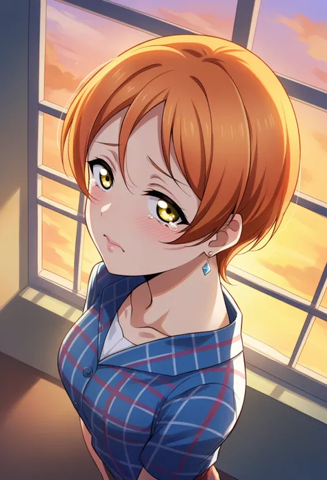 (Masterpiece, Best Quality, High Quality), from side, pov, from above Rin Hoshizora Love Live, orange hair, yellow eyes, cowboy shot, blush, earrings, sky, plaid shirt pants,(lipstick:0.7), medium breasts , shiny eyes ,solo, leaning on window , shiny lips,...