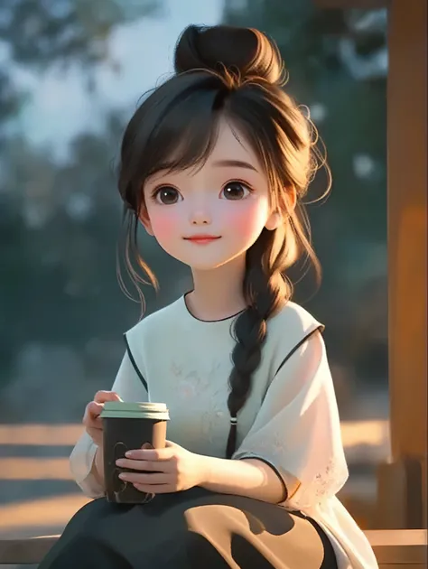 a long-haired girl sitting on a bench，holding a cup in hand, charming细致的数字艺术, charming的数字艺术, charming卡通 character, charming的肖像, ...