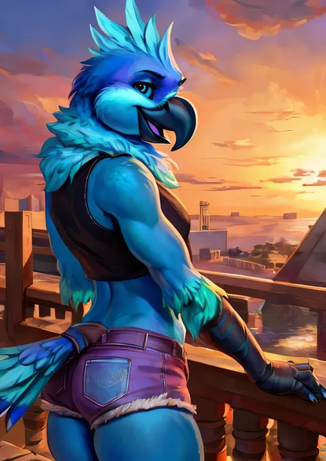 solo male Coby, (((solo))), ((realistic)), cockatiel, anthro, furry, avian, ((clear cyan eyes)), black sclera, long cyan feather mohawk, black beak, blue body with cyan accents, bird feather tail, black bird arms, cyan claws, ((cyan glitter dots on hips)),...