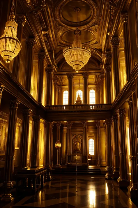 Temple Recreate me the temple of King Solomon Solomon, anime styling, com a Arca da Aliança do filme indiana jones no centro, indiana jones, with the tablets of the covenant, with the chandelier, majestic, background an interior of a golden palace (work of...