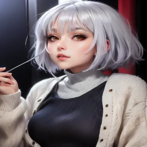 A two-dimensional woman with gray hair wearing a white vertical sweater, Girl with short white hair, Soft portrait shots , Girl Silver Hair, , Anime Style, Silver Haired Girl, Anime Girls, R18 anime, Shirahime cut hairstyle, hentai anime 2D style, Short Ha...