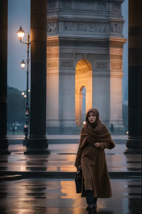 Create a cinematic shot of a gorgeous 26-year-old malay woman walking in the middle of a park. She is dressed in elegant brown winter fashion with a long black hijab wrapped around her neck (covering all her hair completly). Her face is symmetrical and stu...