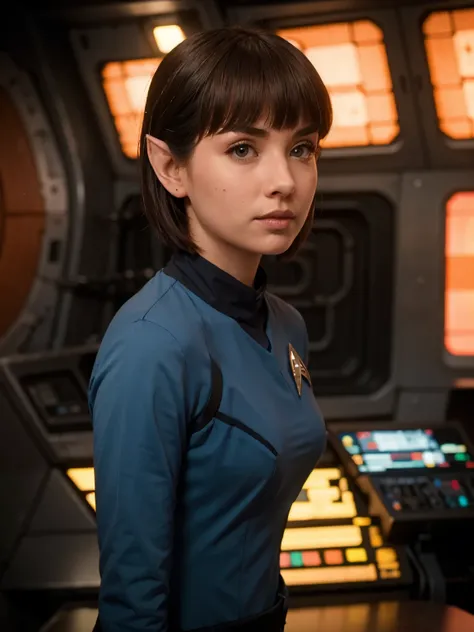medium photo of a super cute 19 yo vulcan girl, pointed ears, pointed eyebrows, bown hair, blunt bangs, , star trek, blue uniform,, short hair, studio lighting, prettify