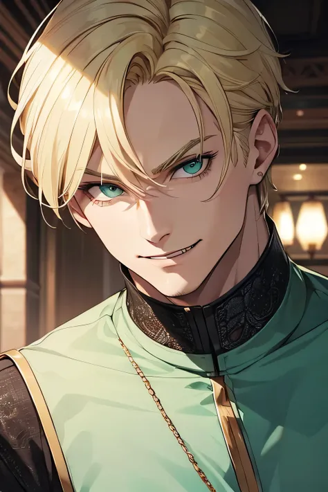 man, 30 years, blond, short hair, green eyes, luxurious clothes, dumb evil laughing.